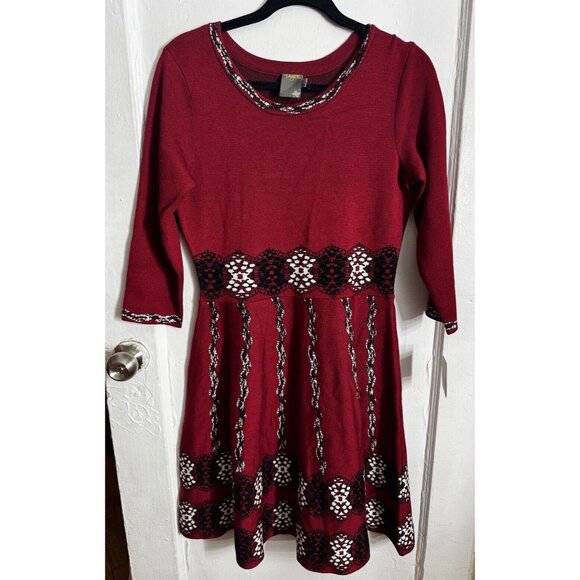 Taylor sz L Jacquard Sweater Dress Fit & Flare CUTE Red Floral Holiday NWT Knit - Picture 2 of 9